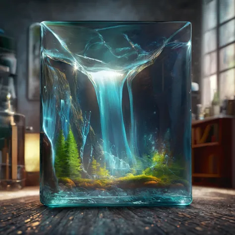 there is a glass vase with a waterfall inside of it