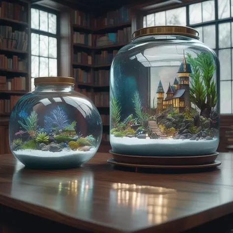 there are two fish tanks with plants and rocks in them