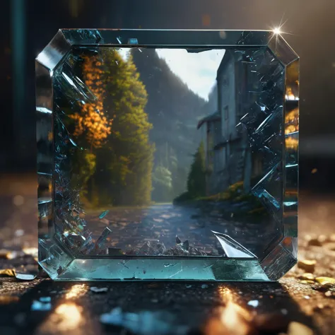 a close up of a glass block with a picture of a street in the background