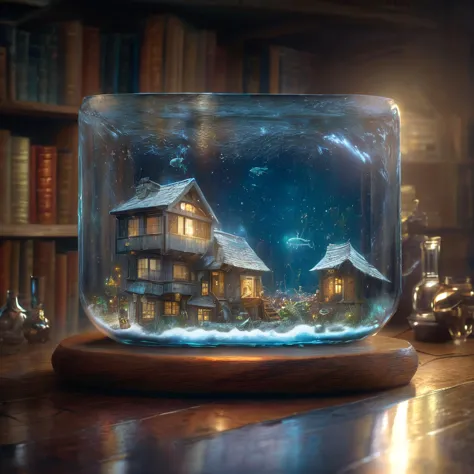 glassworld, cinematic still, hdr, raw photo of a glass filled with an underwater city on a wooden table, 4k, uhd, masterpiece