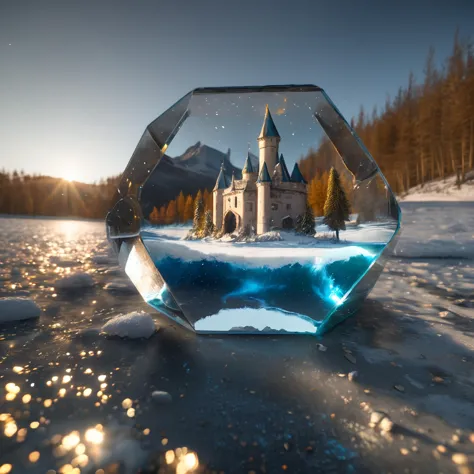 arafed castle in a glass bowl on a frozen lake