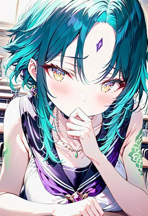 <lora:detail_fingers:1.6>,
(1girl, anime style, Xiao mtf, genderswap mtf, top down, classroom, blurred background), (school sailor uniform, teal hair, ombre hair, hand cover mouth, blush, shy), (purple forehead mark:1.2), (yellow eyes, bangs, jewelry necklace, green arm tattoo:1.1),
(detai_fingers:1.3), (detailed beautiful girls, detailed beautiful eyes, detailed beautiful hair:1.3),
(stunning quality, excellent quality, masterpiece, clear work, detailed work, meticulous work:1.45),