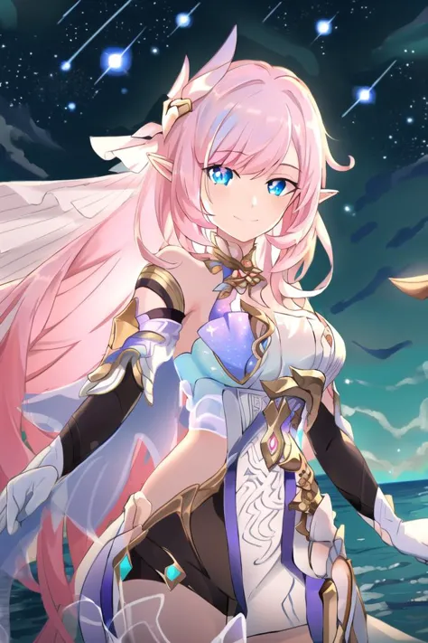 a woman with long pink hair and a sword standing in front of a body of water