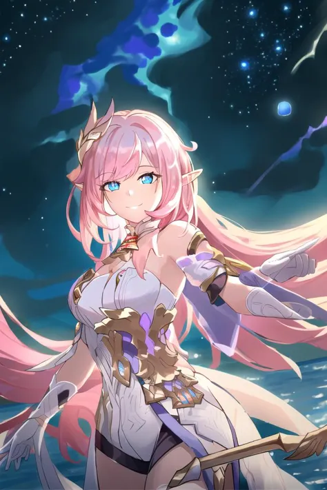 a woman with long pink hair and a sword in her hand