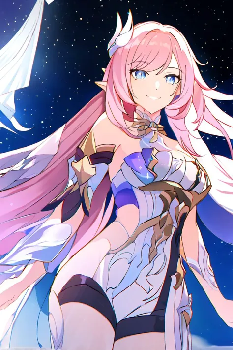 a close up of a woman with long pink hair and a sword