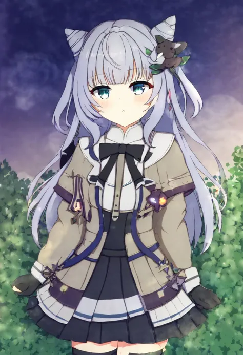 imagine a beautiful anime-style virtual youtuber with long, flowing silver hair styled in a meticulous cone hair bun. she's dres...