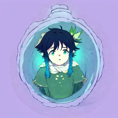 venti from genshin impact but in slightly more modenr clothing, stuck in a potion bottle with wind and leaves blowing in it as h...