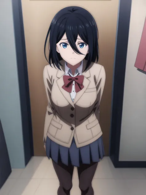 anime girl in school uniform standing in a hallway with her hands on her hips