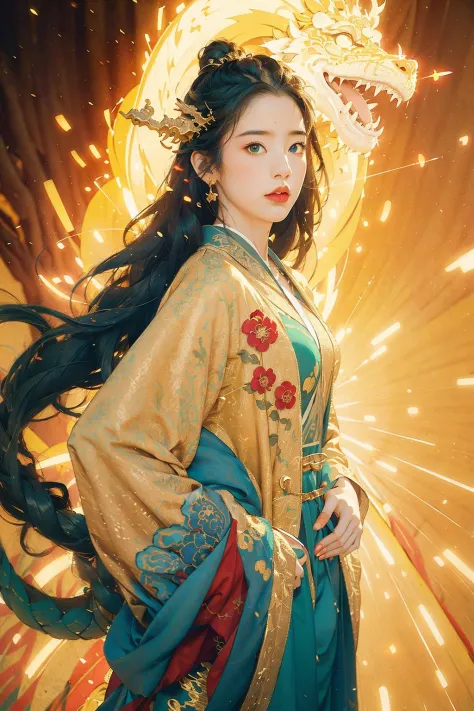 (best quality, masterpiece, intricate details, realistic:1.3), epic chinese folk art, solo, (chinese dragon:1.25), close-up, 1girl, green flames hanfu, hands in pockets, (visible aura of power:1.1), long hair, messy long green hair, golden light, light tracks, cinematic light, cinematic shadows, wind tracks, film grain, (vivid colors, colorful:1.2), (abstract golden background:1.15) <lora:anxiang_L:0.7>