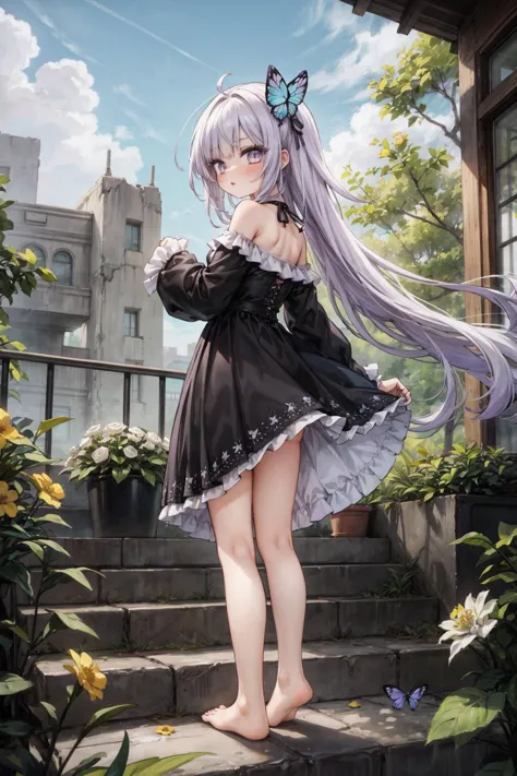 1girl, bangs, barefoot, black_dress, bubble_skirt, bug, butterfly, dress, floating_hair, flower, green_ribbon, hair_flower, hair_ornament, hand_up, long_hair, long_sleeves, looking_back, plant, purple_eyes, purple_hair, ribbon, rose, ruins, scenery, skirt, skull, stairs, very_long_hair, yellow_flower,
<lora:more_details:0.4>