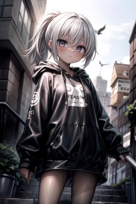 1girl, bandeau, bangs, bird, city, closed_mouth, counting, dark-skinned_female, dark_skin, day, expressionless, grey_hair, hair_between_eyes, hood, looking_at_viewer, outdoors, pigeon, ponytail, solo, 
<lora:more_details:0.4>