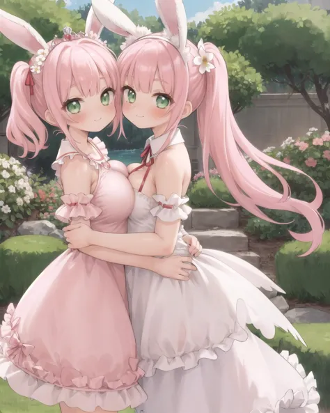 two anime girls in bunny ears hugging each other in a garden