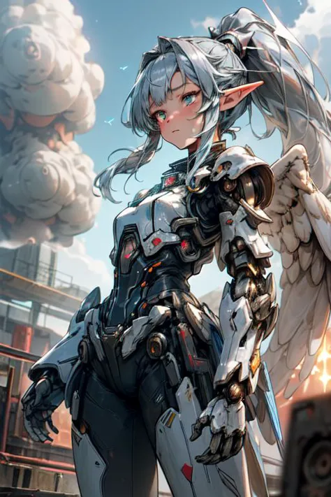 a woman in a futuristic suit with wings standing in front of a building