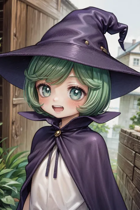 masterpiece,best quality,(chibi:1.3),1girl,schierke,green eyes,green hair,short hair,witch,hat,witch hat,purple headwear,cape,cl...