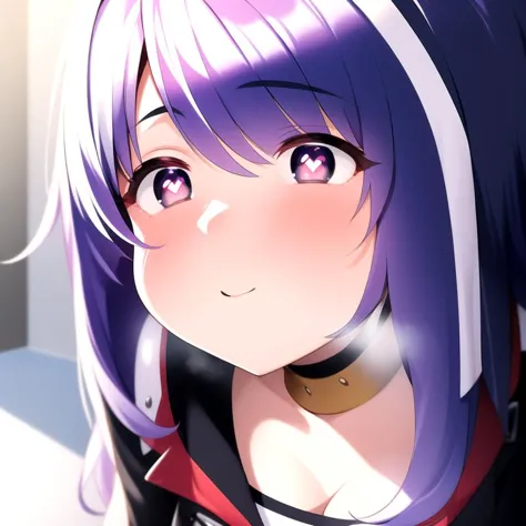 anime girl with purple hair and purple eyes staring at something