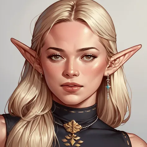 a drawing of a woman with long blonde hair and a green elf ear