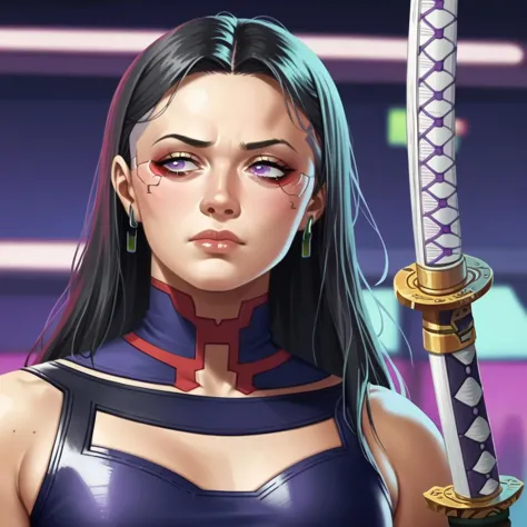 a woman with a sword in her hand and a purple background