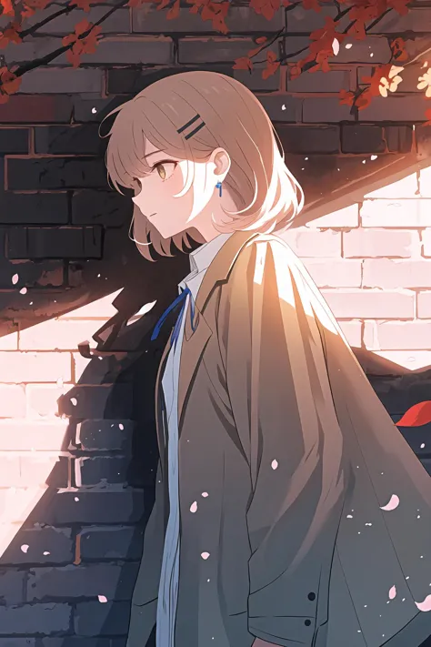 (best quality, masterpiece, highres),1girl,solo,messy men's hair,closed mouth,earrings,hairclip,ribbon,cowboy shot,brick wall,outdoors,dynamic_angle,wall,petals,light particles,wind,
<lora:a beam of light_v1.04:1>,light rays,shadow,