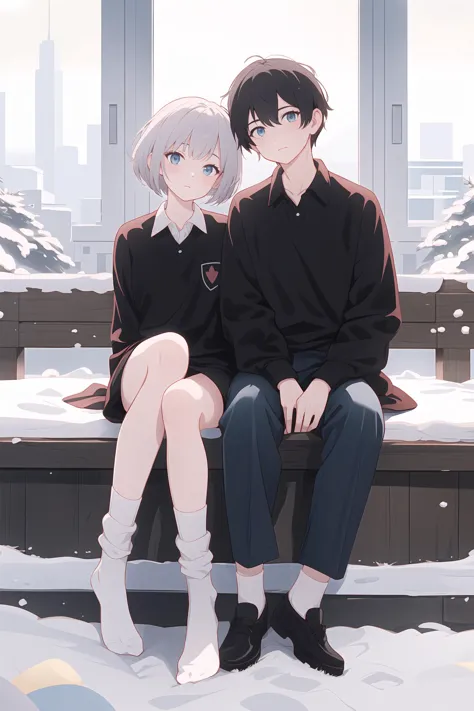 (best quality, masterpiece, highres),couple,short choppy pixie cut,cornrows,winter socks,collared_shirt,looking at viewer,