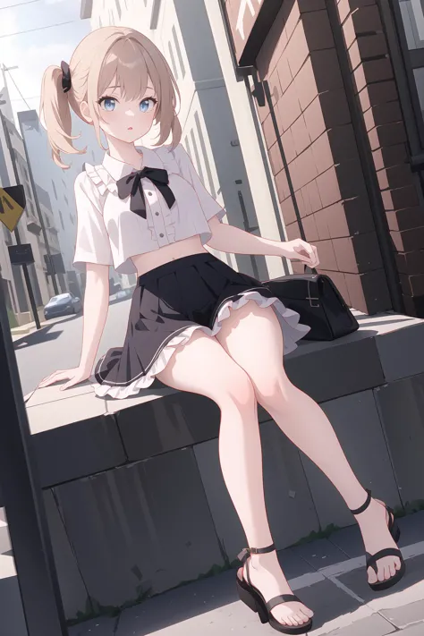 (best quality, masterpiece, highres),1girl,solo,diagonal bangs,sandals,frilled_shirt,cropped legs,dynamic_angle,street,