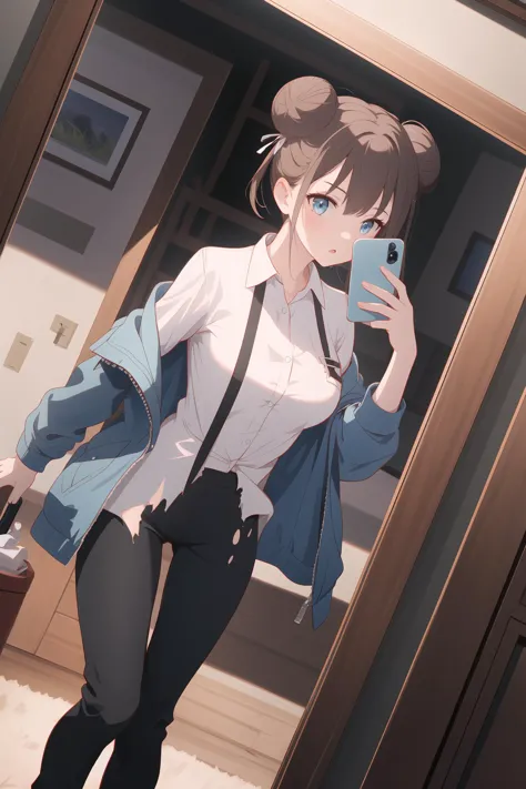 (best quality, masterpiece, highres),1girl,solo,torn clothes,triple bun,dress pants,open_jacket,selfiemirror,dynamic_angle,road,