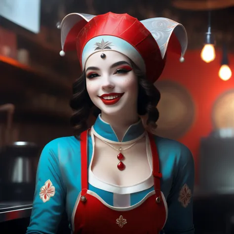 (masterpiece:1.2),1girl,pale_skin,realistic skin,large breasts,facing viewer,looking at viewer,A skilled barista wearing a stylish apron over a casual tee,crafting the perfect latte art in a cozy coffee shop,medium breast,vibrant colors,black hair,smile,masterpiece,best quality,
<lora:woman in red:1>,hn,<lora:RPGJesterXL:1>,jester,, masterpiece, best quality,