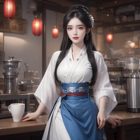 (masterpiece:1.2),1girl,pale_skin,realistic skin,large breasts,facing viewer,looking at viewer,A skilled barista wearing a stylish apron over a casual tee,crafting the perfect latte art in a cozy coffee shop,medium breast,vibrant colors,black hair,smile,masterpiece,best quality,
<lora:2:1>,xxmix,1women,solo,full body,jewelry,long hair,blue eye,hanfu,, masterpiece, best quality,