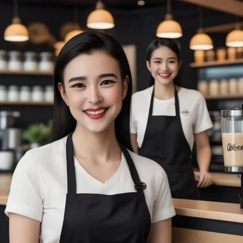 two women standing behind a counter with a coffee machine