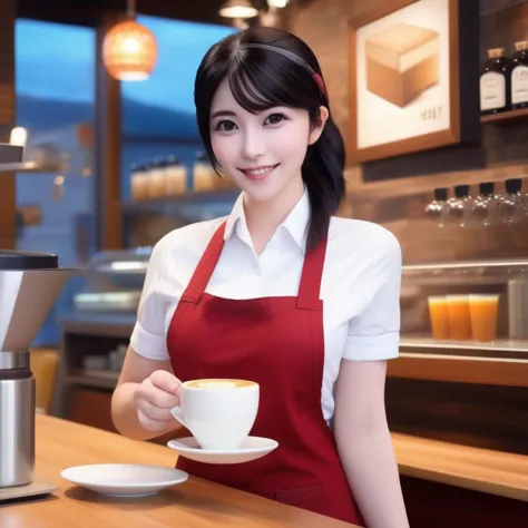 (masterpiece:1.2),1girl,pale_skin,realistic skin,large breasts,facing viewer,looking at viewer,A skilled barista wearing a stylish apron over a casual tee,crafting the perfect latte art in a cozy coffee shop,medium breast,vibrant colors,black hair,smile,masterpiece,best quality,
<lora:aiUeharaR508:1>,aiuehara, masterpiece, best quality,