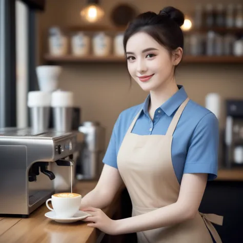 (masterpiece:1.2),1girl,pale_skin,realistic skin,large breasts,facing viewer,looking at viewer,A skilled barista wearing a stylish apron over a casual tee,crafting the perfect latte art in a cozy coffee shop,medium breast,vibrant colors,black hair,smile,masterpiece,best quality,
<lora:20230922-1695357763221:1>,, masterpiece, best quality,