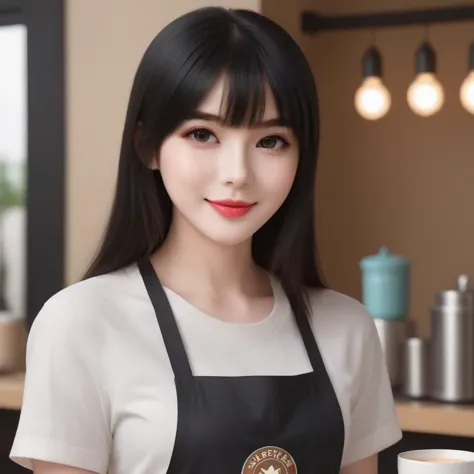 a woman in an apron holding a cup of coffee