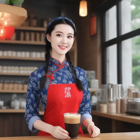 arafed woman in a blue and red apron holding a cup of coffee