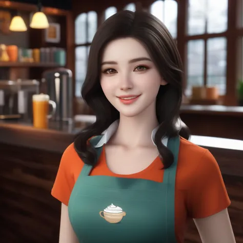 (masterpiece:1.2),1girl,pale_skin,realistic skin,large breasts,facing viewer,looking at viewer,A skilled barista wearing a stylish apron over a casual tee,crafting the perfect latte art in a cozy coffee shop,medium breast,vibrant colors,black hair,smile,masterpiece,best quality,
<lora:SDXL 3DNextGen_A CF 3D render:1>,3D render,, masterpiece, best quality,