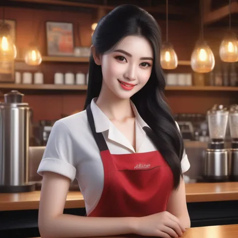 a close up of a woman in a red apron standing at a counter