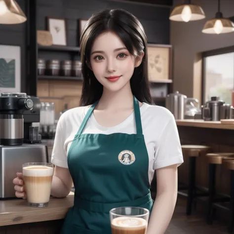 (masterpiece:1.2),1girl,pale_skin,realistic skin,large breasts,facing viewer,looking at viewer,A skilled barista wearing a stylish apron over a casual tee,crafting the perfect latte art in a cozy coffee shop,medium breast,vibrant colors,black hair,smile,masterpiece,best quality,
<lora:xcgirl1536_t2:1>,, masterpiece, best quality,