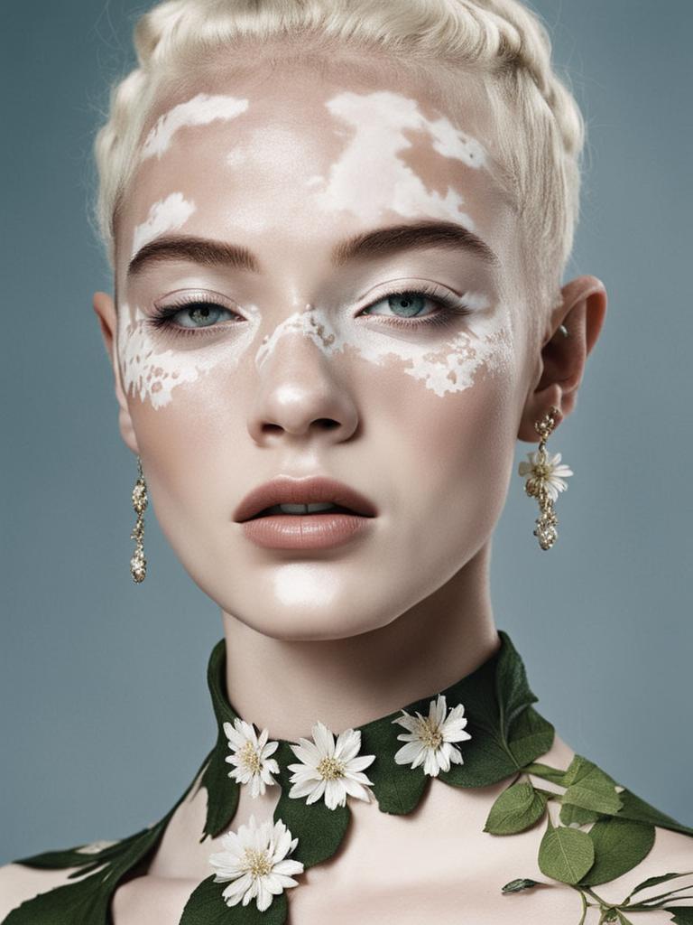 A woman with white makeup and flowers on her face - SeaArt AI