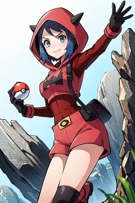 masterpiece, best quality, pkmntmg, fake horns, hoodie, red shorts, gloves, red boots, raised arm, holding poke ball, smile, furrowed brow, rocks, rock formations 