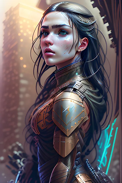 a professional painting of a beautiful young female, clothed in battle armor, olive skin, long dark hair, beautiful bone structu...