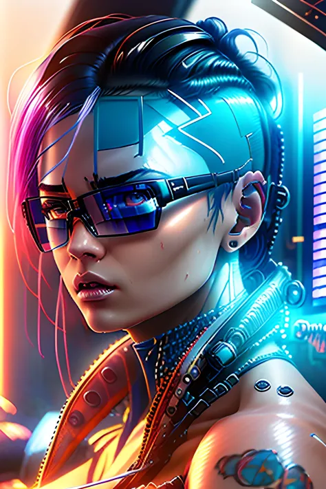 portrait of a cyberpunk hacker at her computer, asymmetrical haircut, futuristic glasses by dan mumford, yusuke murata, makoto s...