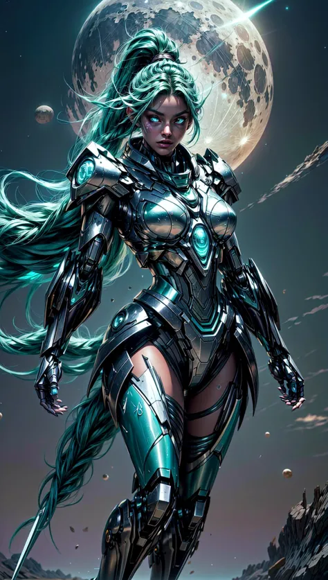 (8k,best quality, masterpiece:1.2),physically-based rendering,tyndall effect,surface reflection,metallic luster,looking at viewer,Eye Level,
<lora:add_detail:1>,((Mecha:1.1)),beautiful Tyrande,full body,solo,(glow),white armor,planet,space,moon,(aqua hair), twin braids, ponytail, glowing eyes, pauldrons, glowing blue eyes,makeup,
<lora:StealthMecha:0.8>, <lora:sxz-tyrande-22:0.6>