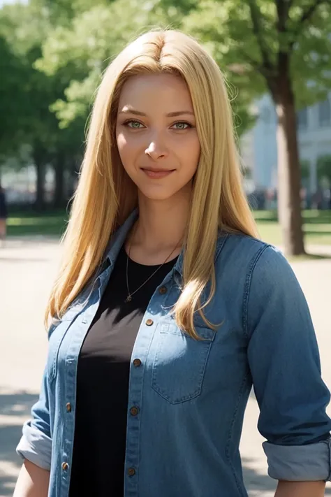 arafed woman in a black shirt and blue jean jacket