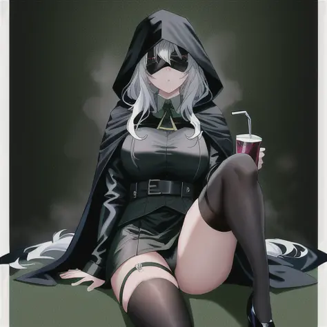 4k, 8k, best quality, masterpiece, fantasy, 1girl, black hood, black cloak, hood low over eyes, ((plague doctor)), nurse, mage, (black stockings), (black background), (((green fog background))), shadows, (sexy), full body, (long white hair), (((eyes covered by hood))) (((grey skin))), ((black lipstick)), ((blindfold)), milf, (((holding a colorful drink))), (((sitting at a bar)))