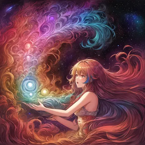by Josephine Wall, girl with multicolored hair, psychedelic, flowing hair, long hair, space, spirit