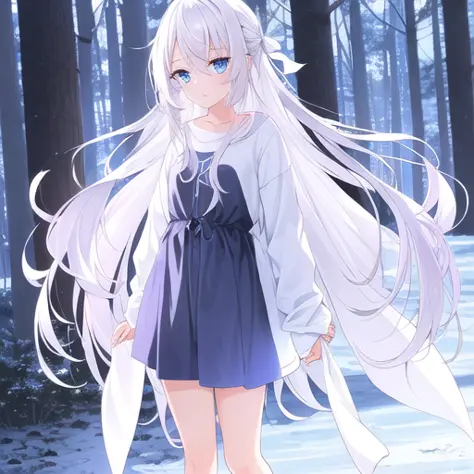 white hair, 1 girl, blue eyes, glowing blue eyes, cute, beautiful face, beautiful colors, beautiful lighting, pink bedroom, black oversized long sleeved shirt, full body, thighs, ((casual girl clothes)), forest background, tight clothes