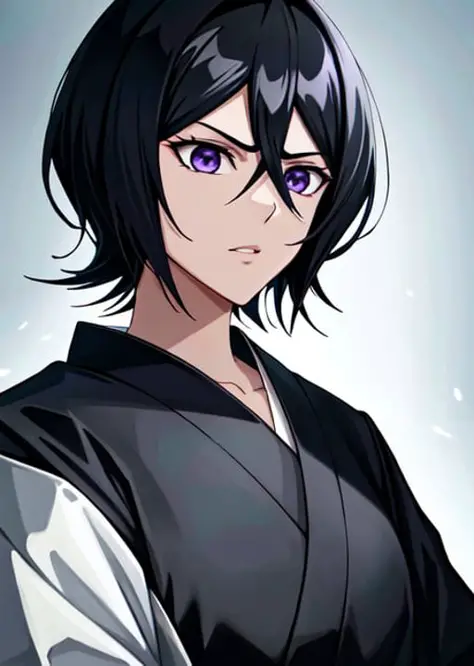 rukia,beautiful , highly detailed , unreal engine , octane render   , slim and lean  , detailed face, 8k high res ,serious, trousers, wearing sleeved kimono, 8k high res , extremely detailed eyes  , masterpiece, gorgeous,  award winning , close up of face  , dynamic shadows,volumetric lighting,  (mj:0.2)