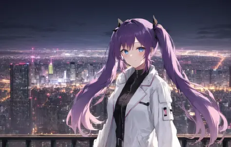 best quality, 1girl, purple hair, twin tails, with a white jacket, blue eyes, soft smiling, skyscaper, view on a city from a hig...
