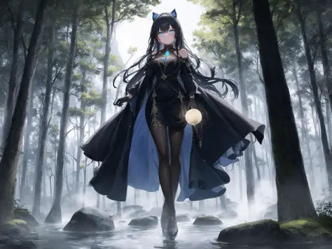 1 girl, mysterious aura, Long curly black hair, Intense glowing blue eyes, dark flowing gown, Standing atop a large rock, Holding a large magic crystal orb, Tall trees reaching towards the sky, A full moon shining bright, Mystical creatures lurking in the shadows, A small (stream) winding through the trees, blue light illuminating face, mystical symbols carved rock, night, dark, (very detailed background:1.0), (highly detailed background:1.0), masterpiece, best quality, (extremely detailed), intricate