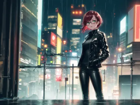 1 girl, Short spiky red hair, Fierce green eyes, sleek black leather jacket and pants, Standing on (rooftop), bustling city at n...
