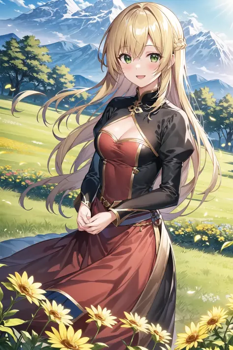 masterpiece, best quality, 1girl, (game cg), long blonde hair, green eyes, small breasts, medieval clothes, happy, large smile, picking flowers, flower field, twilight, mountainous background