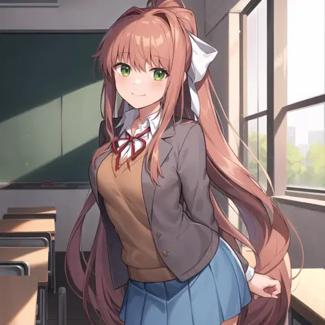 2d, masterpiece, best quality, anime, highly detailed eyes, highly detailed face, highly detailed background, perfect lighting, cowboy shot, feet out of frame, 1girl, solo, classroom, , monika \(doki doki literature club\), doki doki literature club, brown hair, very long hair, white bow, hair bow, ponytail, green eyes, white shirt, blue skirt, brown sweater, grey vest, closed jacket, standing, (leaning forward:0.8), (arms behind back:1.2), smile 